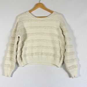 Threaded Leaf Large Sweater Cream Womens Hygge Eyelash Stripe Cozy Soft Girl